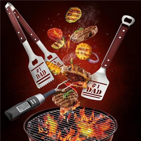 BBQ Grill Tools Set Gift for Dad, 4 Piece Set, Number 1 Dad Tongs, Spatula - Picture 6 of 7
